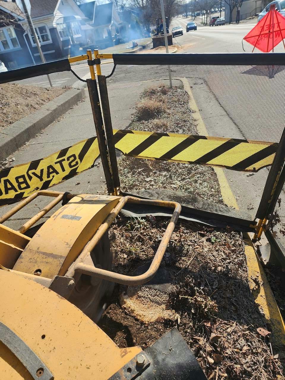 Close-up of the stump grinder cutting into a stump